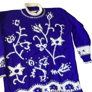 Dana Scott Vintage Angora Blend Purple & White Turtleneck Sweater Size Large